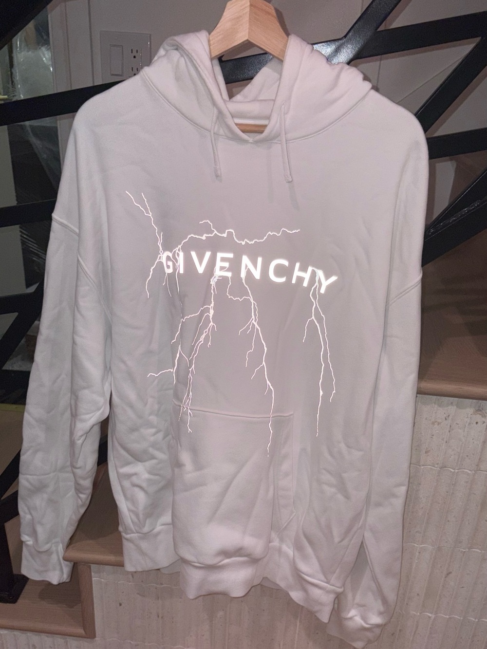 GIVENCHY Men's White Reflective Lightning Bolt Hoodie Boxy Fit - L Highly Sought